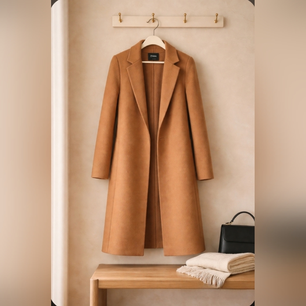 Zara Camel Long Wool-Blend Trench Coat